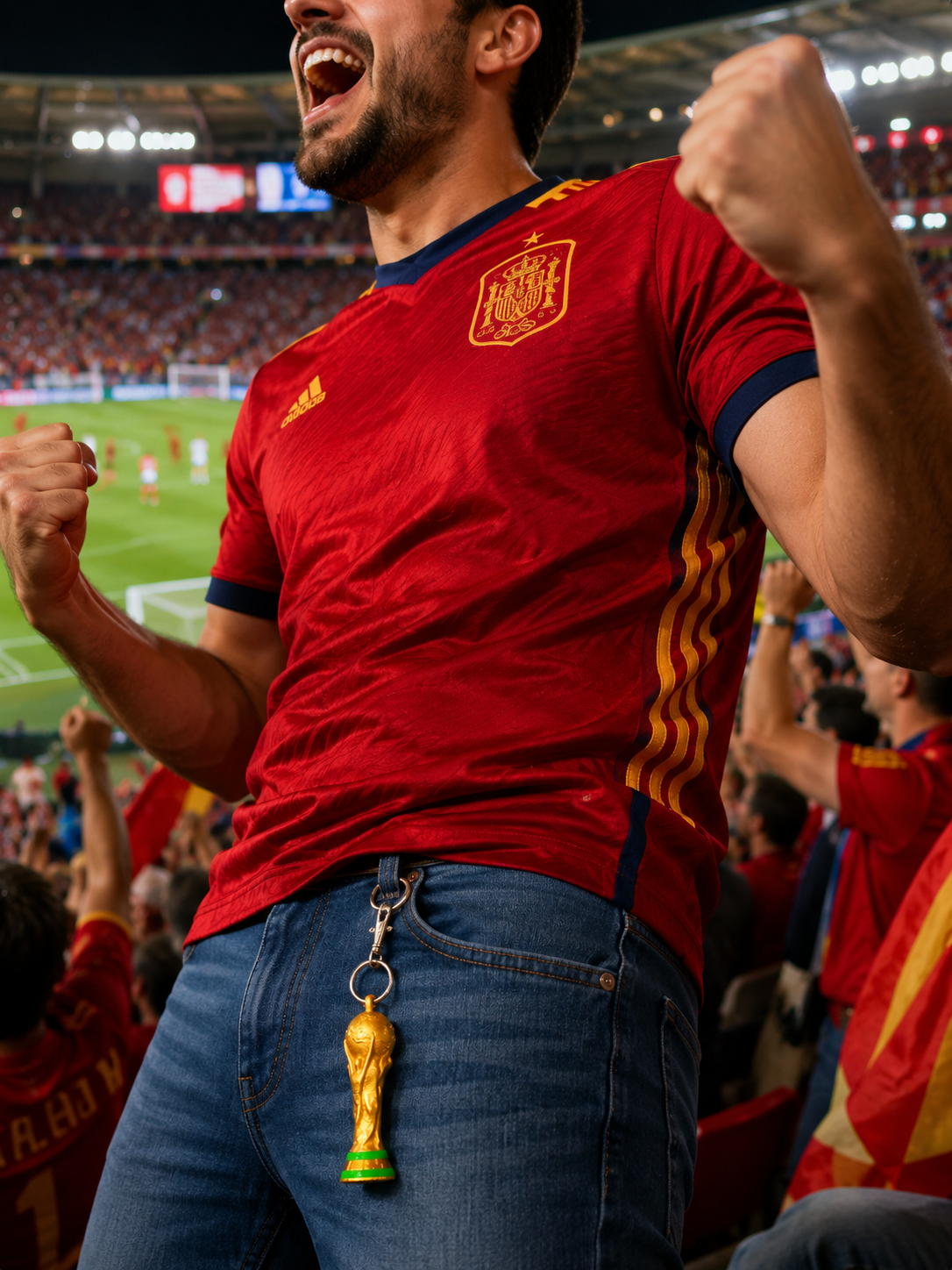 Llavero Trofeo Mundial 2026 - aficionado celebrando en el estadio