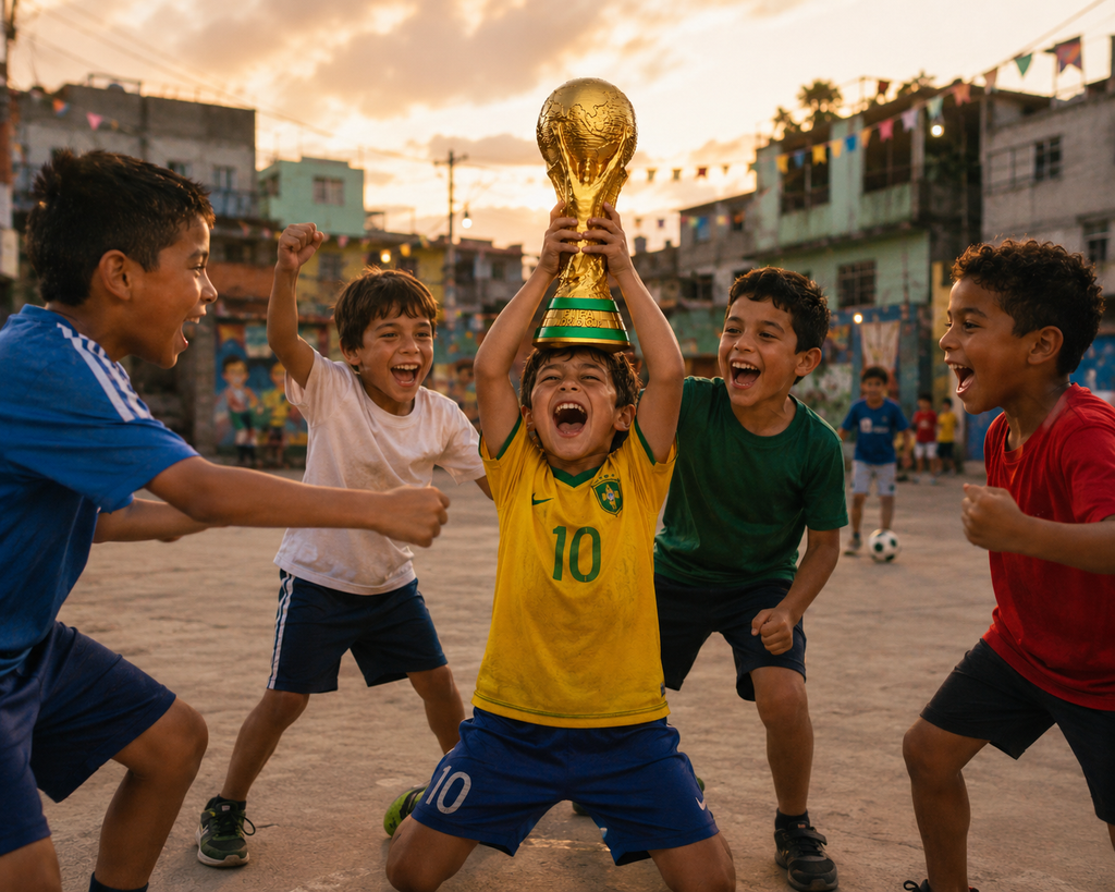 Niños celebrando con la réplica del trofeo de la Copa del Mundo