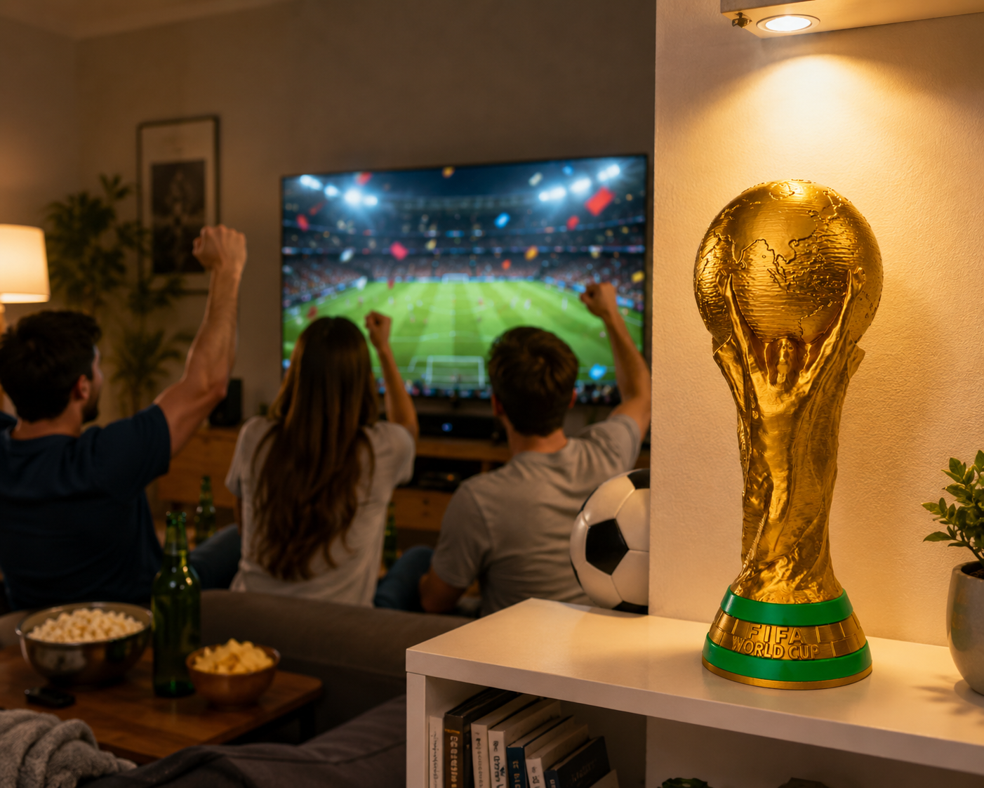 Réplica del trofeo FIFA decorando el salón mientras la familia ve el Mundial