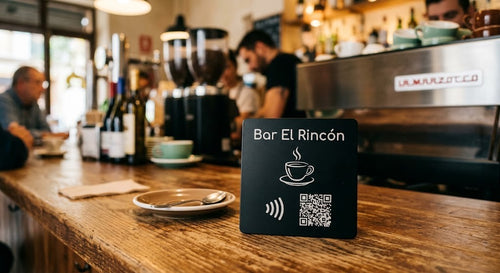 Placa TapReview NFC personalizada con el nombre del negocio, sobre la barra de una cafetería
